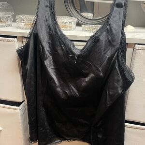 Vintage Black Satin Camisole with Lace Trim